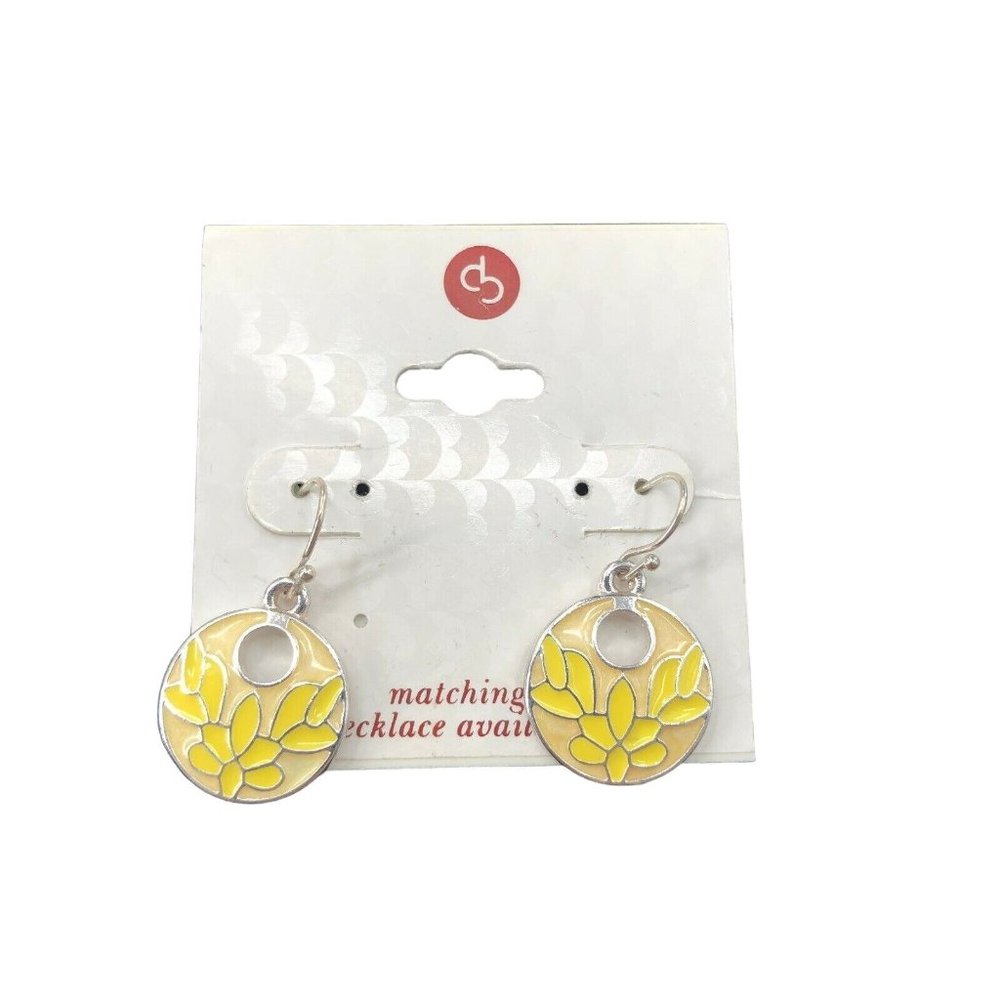 db Design Branded Earrings Silver Tone Fish Hook Yellow Floral Enamel Design Dan